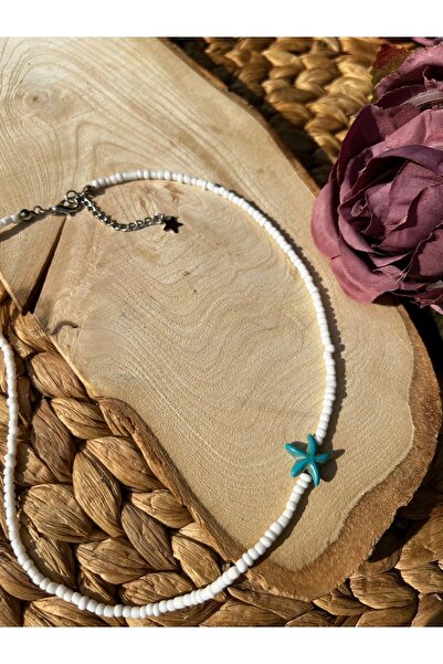 Kosovalı Mavi Deniz Yıldızı Detaylı Ekru Yaz Kolyesi,40 Cm