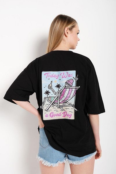 Trendseninle Дамска черна тениска с надпис Today was printed Oversize