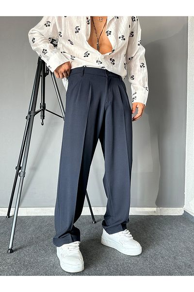 THEMANN Navy Blue Baggy Trousers - Pleated and Tube Legs
