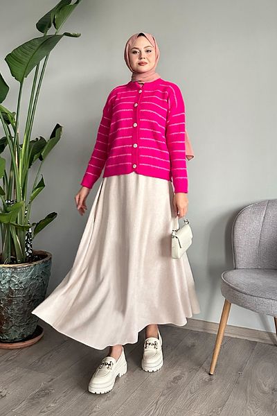 InStyle Fuchsia Knitwear Cardigan - Thin Stripe Detailed