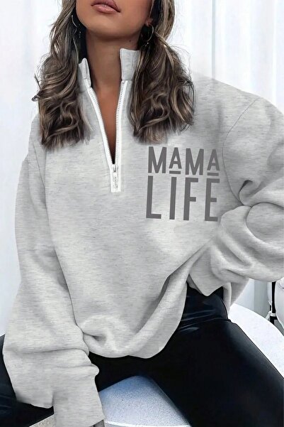 Trendseninle Kadın Grimenaj Mama Life Baskılı Oversize Yarım Fermuarlı Sweatshirt