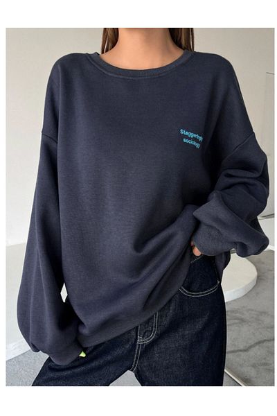 Trendseninle Γυναικείο φούτερ Navy Blue Staggertly με στάμπα με λαιμόκοψη