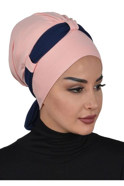 Ayşe Tasarım Chiffon Belted Combed Cotton Bonnet, Powder - Navy Blue, B-24, Powder - Navy Blue