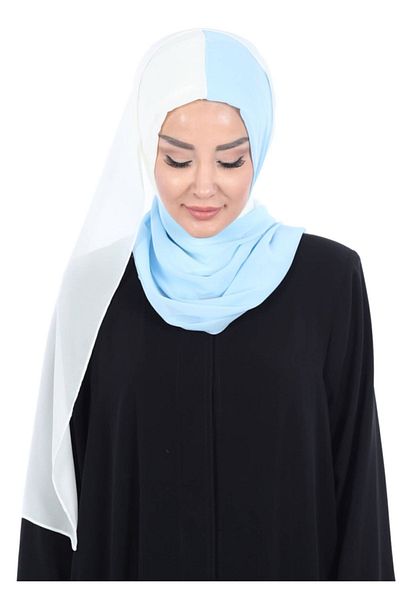 Ayşe Tasarım شال شيفون عملي مزدوج اللون، أزرق فاتح - كريمي، ps-102