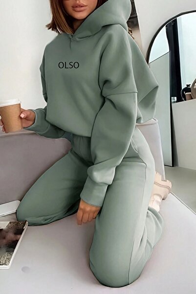 Trendseninle Kadın 3 Iplik Su Yeşili Olso Baskılı Kapüşonlu Alt Üst Eşofman Takım