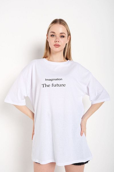 Trendseninle Γυναικείο λευκό μπλουζάκι The Future Printed Oversize