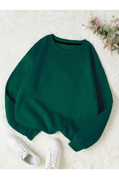 Trendseninle Γυναικείο φούτερ με 3 κλωστές Nefti Green Plain Crew Neck