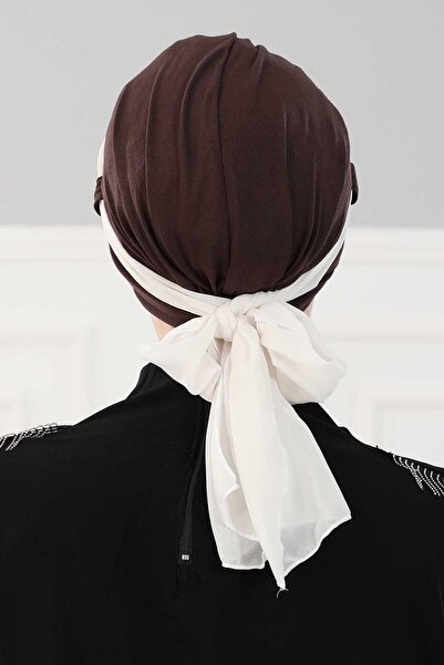 Ayşe Tasarım Chiffon Belted Combed Cotton Bonnet, Brown - Cream, B-24, Brown - Cream