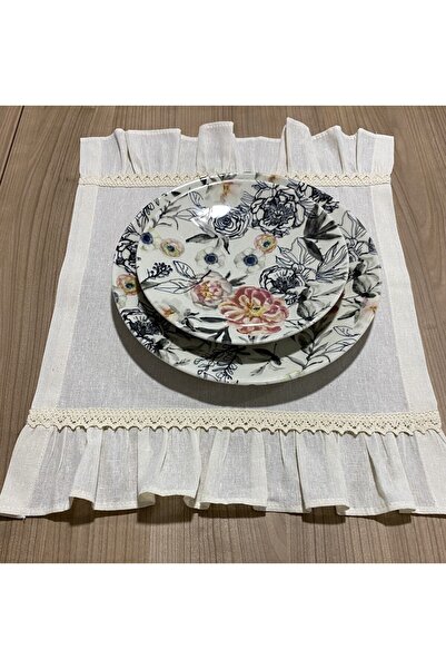 LILYUM 4-Piece Rectangular Plate - 100% Cotton, Raw Linen, Ruffled Lace, American Service, 35X45 cm