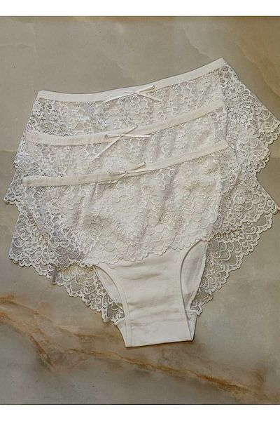 AVESŞENER Ψηλόμεση Δαντέλα Plus Size Χτενισμένο Βαμβακερό Σετ 3 τεμ
