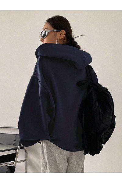 Trendseninle Marineblauer Damen-Cardigan mit Kapuze und detailliertem Reißverschluss
