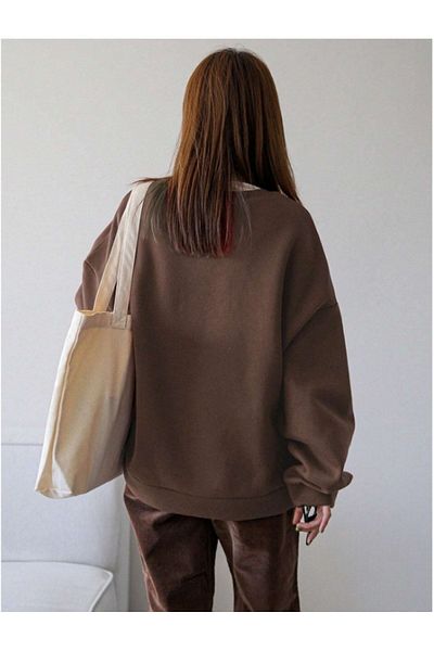Trendseninle Γυναικείο φούτερ Coffee Vacation Joy Wake με στάμπα Oversize Crew Neck