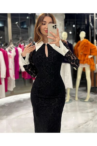 missswans Darla Collar Lace Pencil Dress-Black