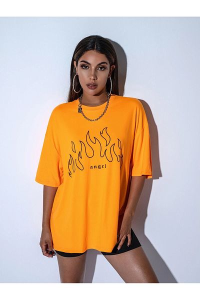 Trendseninle Tricou de damă portocaliu supradimensionat cu imprimeu cu flacără în față