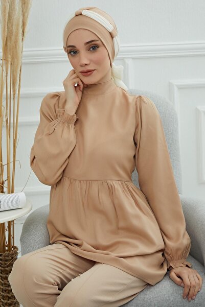 Ayşe Tasarım Σιφόν Βαμβακερό Καπέλο με Ζώνη, Καφέ-Κρέμα Γαλακτώδους, b-24, Καφέ-Κρέμα Γαλακτώδους