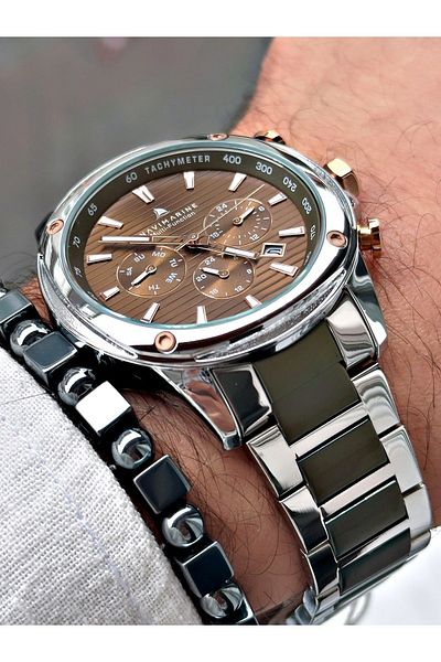 Navimarine Men's Silver Brown Colored Steel Cord Wrist Watch and Bracelet Gift