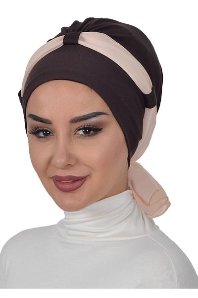 Ayşe Tasarım غطاء رأس من الشيفون الممشط بحزام - بني/بيج، B-24