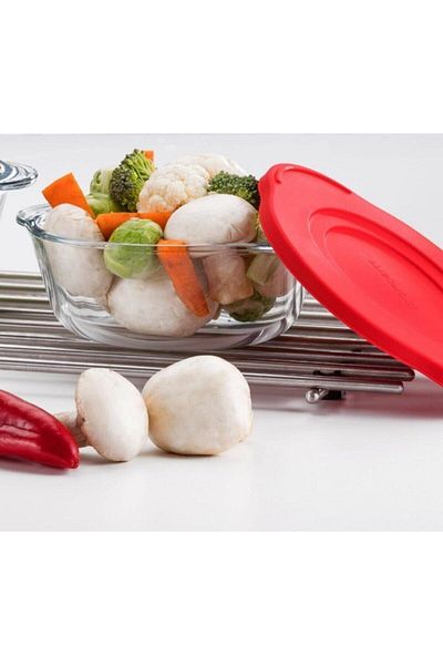 Paşabahçe Pyrex Round Pot with Red Lid 4 Pieces - 840cc 59133