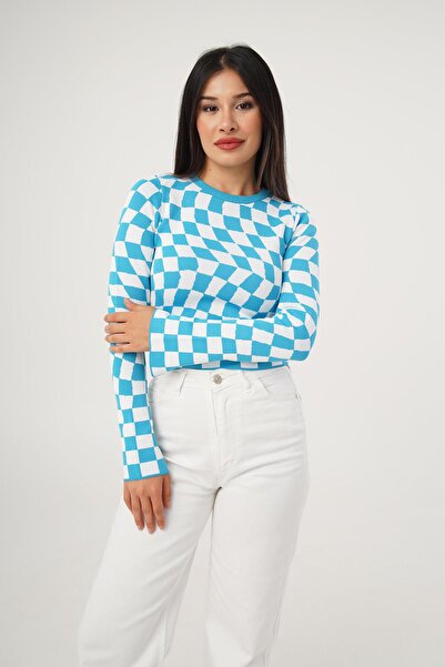 Hipo Trend Блакитна в'язана блузка з кольоровим візерунком у клітинку