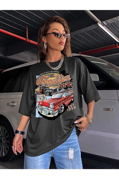 Trendseninle Women's Smoked Compeltition Printed Oversize T-shirt