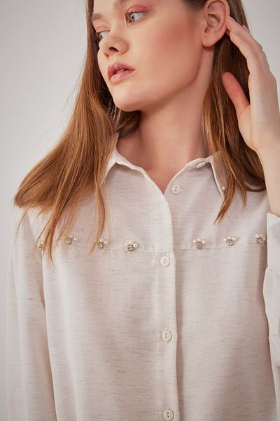 MVStore Stone and Pearl Embroidered Women's Linen Shirt