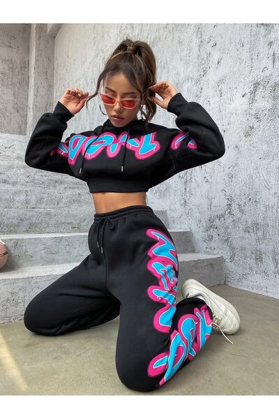 Trendseninle Női 3 szálas fekete Brooklyn nyomott oversize alsó felső Crop tréningruha szett