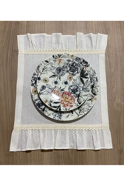 LILYUM 4-Piece Rectangular Plate - 100% Cotton, Raw Linen, Ruffled Lace, American Service, 35X45 cm
