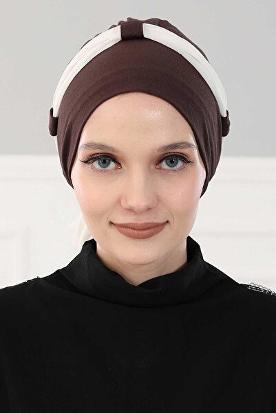 Ayşe Tasarım Chiffon Belted Combed Cotton Bonnet, Brown - Cream, B-24, Brown - Cream