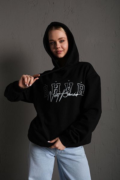 Trendseninle Φούτερ Unisex Μαύρο Bhvr με κουκούλα