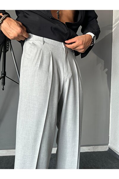 THEMANN Baggy Kalıp Pileli Boru Paçalı Gri Pantolon