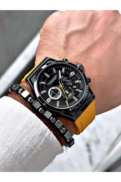 Navimarine Men's Wristwatch and Bracelet with Gift - Yellow Color Silicone Cord