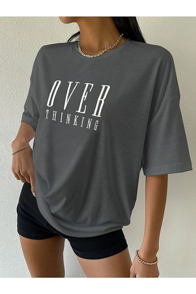 Trendseninle Women's Smoked Over Thinking Printed Oversize T-shirt