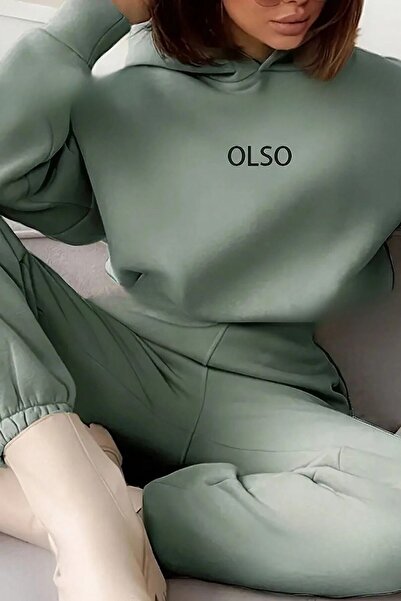 Trendseninle Kadın 3 Iplik Su Yeşili Olso Baskılı Kapüşonlu Alt Üst Eşofman Takım