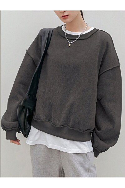 Trendseninle Smoked Women's Sweatshirt - Stitching Detail, Crew Neck