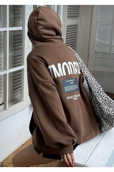 Trendseninle Кафяв оверсайз суитшърт с качулка - Дамски суитшърт с качулка Inmodern Printed
