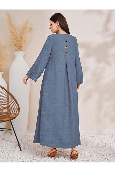 Trendseninle Women's Blue Single-breasted Linen Dress
