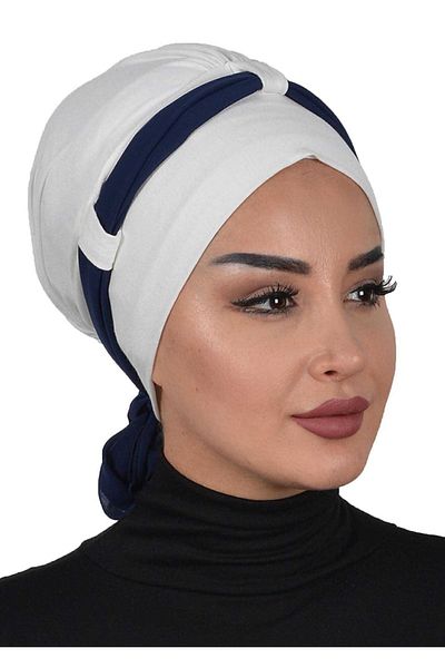 Ayşe Tasarım غطاء رأس من الشيفون الممشط بحزام - كريمي أزرق داكن، B-24