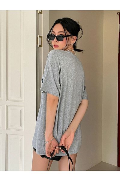 Trendseninle Women's Gray Old Scholl 365 Printed Oversize T-shirt