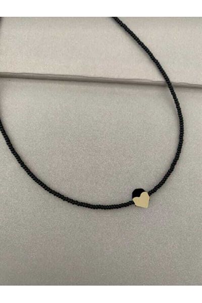 Misto Aksesuar Black Beaded Heart Classic Necklace