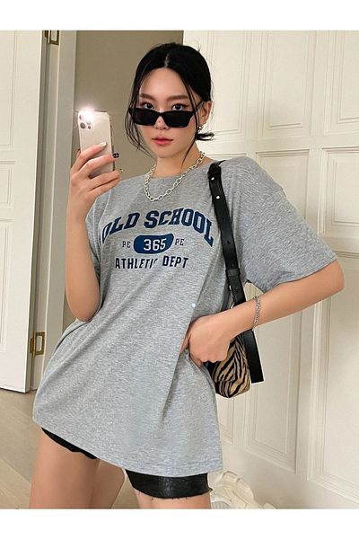 Trendseninle Women's Gray Old Scholl 365 Printed Oversize T-shirt