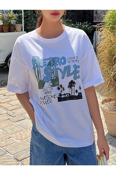 Trendseninle Γυναικείο μπλουζάκι Oversize σε λευκό ρετρό στυλ