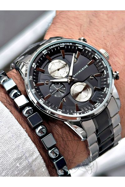 Navimarine Men's Silver Colored Steel Cord Wrist Watch and Bracelet Gift