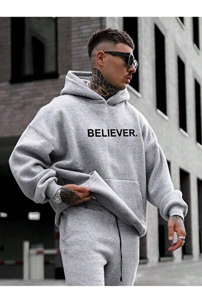Trendseninle Erkek Gri Believer. Baskılı Oversize Kapüşonlu Sweatshirt