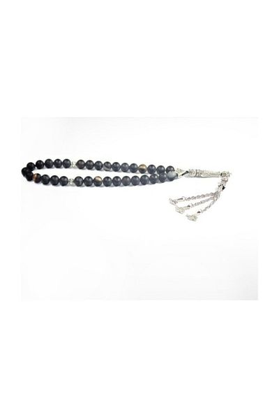 RD EKOAVM Three Tassel Tuğra Tip Globe Cut Rosary 8 Mm Black Veined Agate Rosary Rdt12157