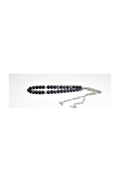 RD EKOAVM 8 Mm Black Veined Double Tassel Tugra Rosary - Globe Cut, Agate Rosary Rdt12149