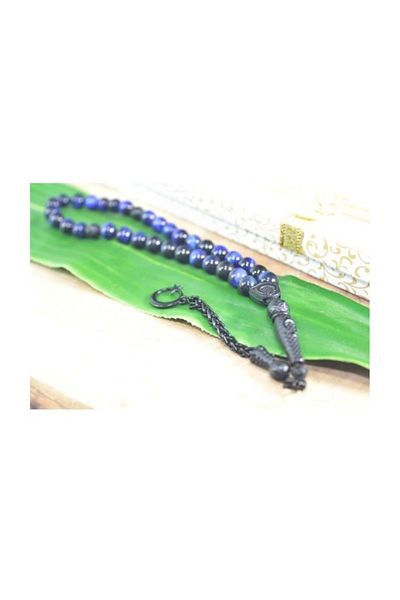 RD EKOAVM Black Coated Tasseled Moon Star Tip Globe Cut 8 mm Rosary Blue Tiger Eye Rosary Rdt2287