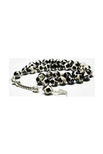 RD EKOAVM Facet Cut Rosary Black and White Variegated Agate Stone Rosary