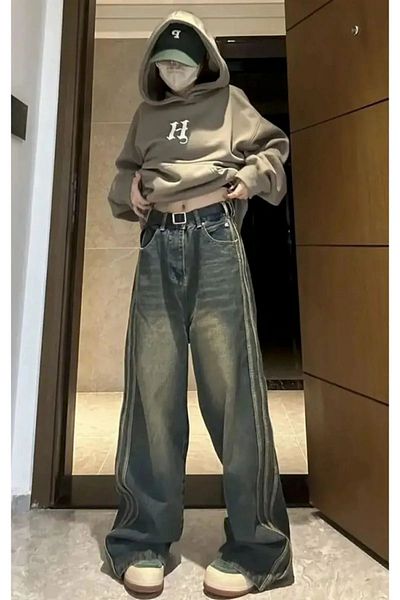 ramcy Y2k Newstyle Limde Detail Vintage Wide Leg Jean Pantaloni largi din denim