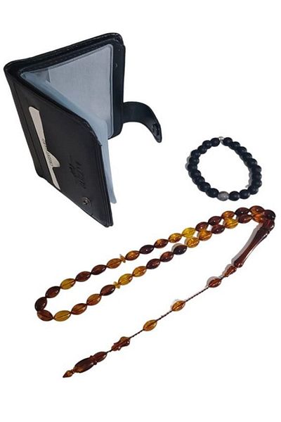 RD EKOAVM Leather Card Holder Wallet, Barley Cut Rosary and Natural Stone Bracelet Set of 3