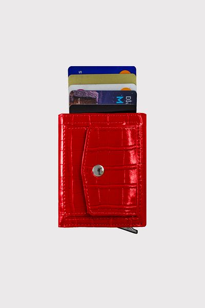 Garbalia Red Croco Malta Mechanism Automatic Card Holder Wallet with Coin Compartment